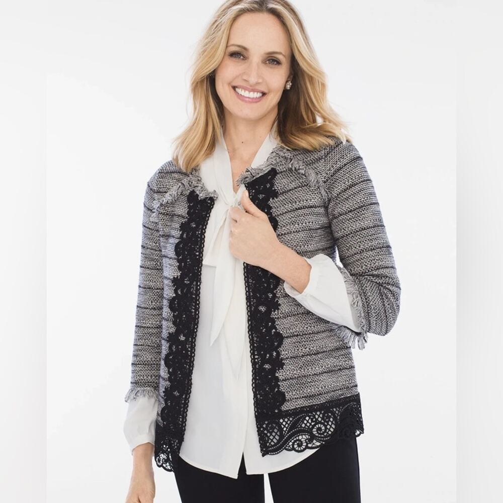 Chicos Gray Black Tweed Fringe Lace Trim 3/4 Sleeve Cardigan Sweater Size 0
